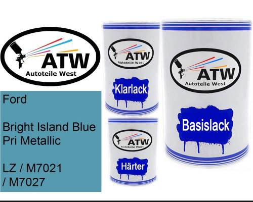 Ford, Bright Island Blue Pri Metallic, LZ / M7021 / M7027: 500ml Lackdose + 500ml Klarlack + 250ml Härter - Set, von ATW Autoteile West.